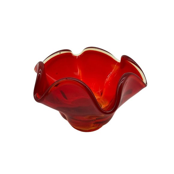 LE Smith Amberina Glass Pedestal Bowl Red Vintage Mid Century Modern - Picture 1 of 16